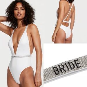 VICTORIA'S SECRET Plunge One-Piece Swimsuit  "BRIDE" Lettering on a Rhinestone